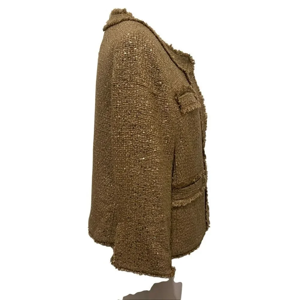 Michael Kors Womens Tweed Sequin Embellished Frayed Blazer Jacket Gold Sz 8